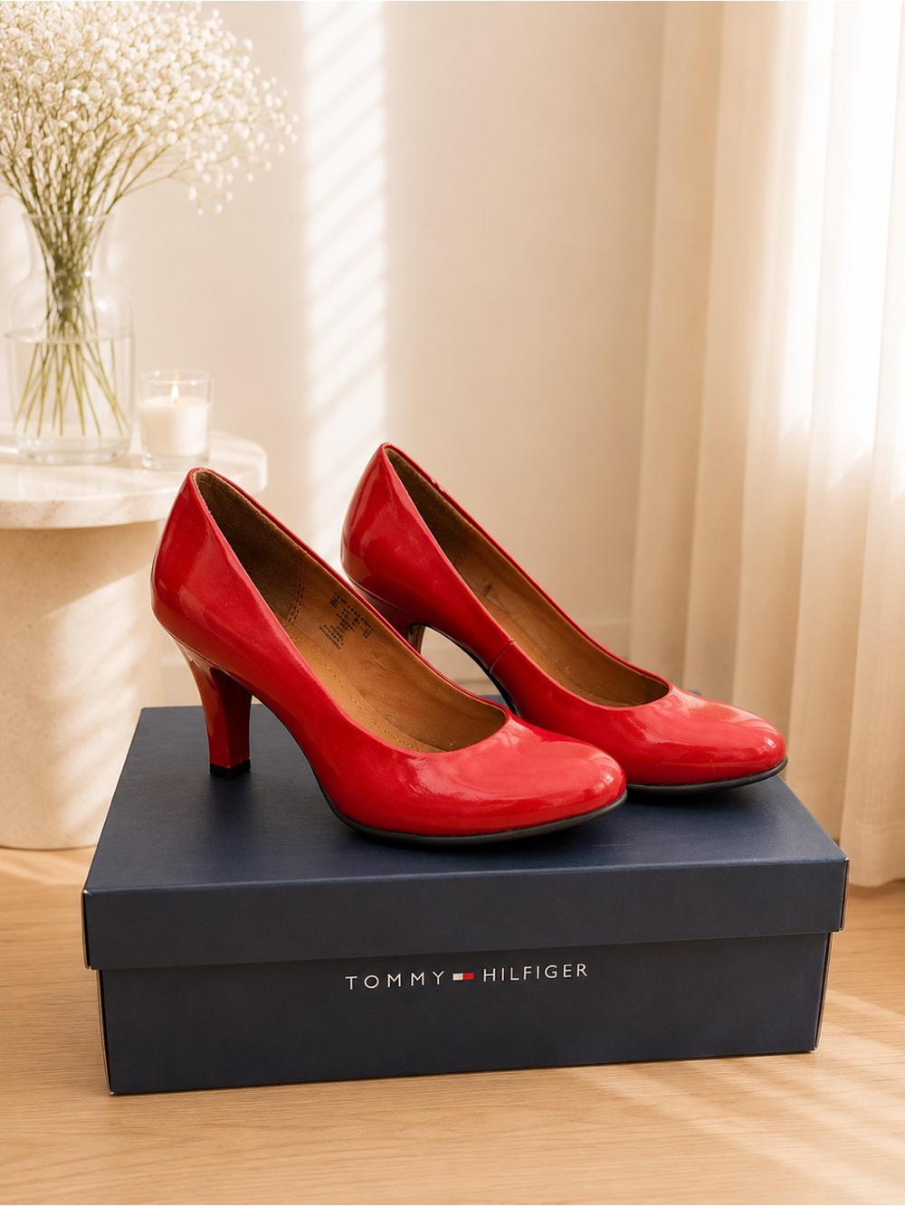 Red Patent Mid-Heel Pumps